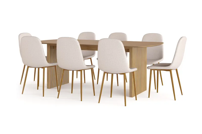 Richeto Matbord 210 cm ek +  8 st Nibe stol beige med ek ben, Natur/Beige