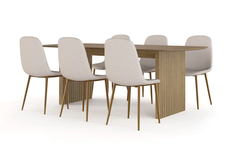 Richeto Matbord 210 cm ek +  6 st Nibe stol beige med ek ben, Ek