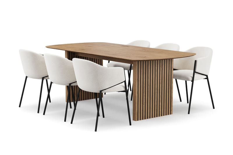 Richeto Matbord 210 cm med 6 Filip Matstolar, Naturlig finish / Vit Bouclé