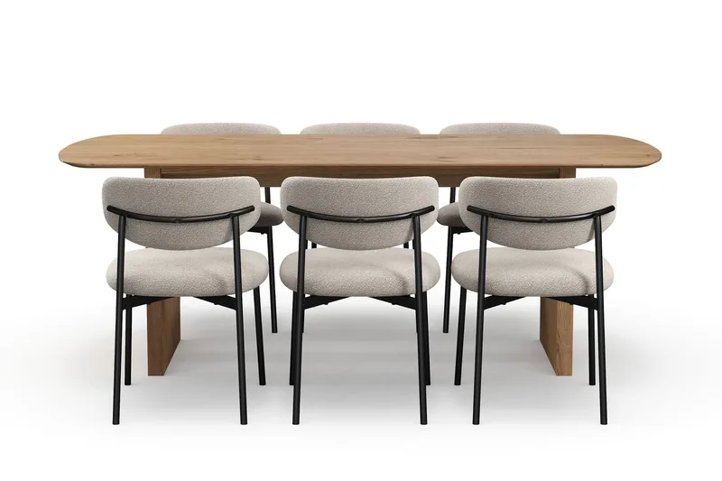 Richeto Matbord 210 cm med 6 Lucy Matstolar - Naturlig finish / Greige Bouclé / Metallben Svart - Möbler - Bord & matgrupper - Matgrupper