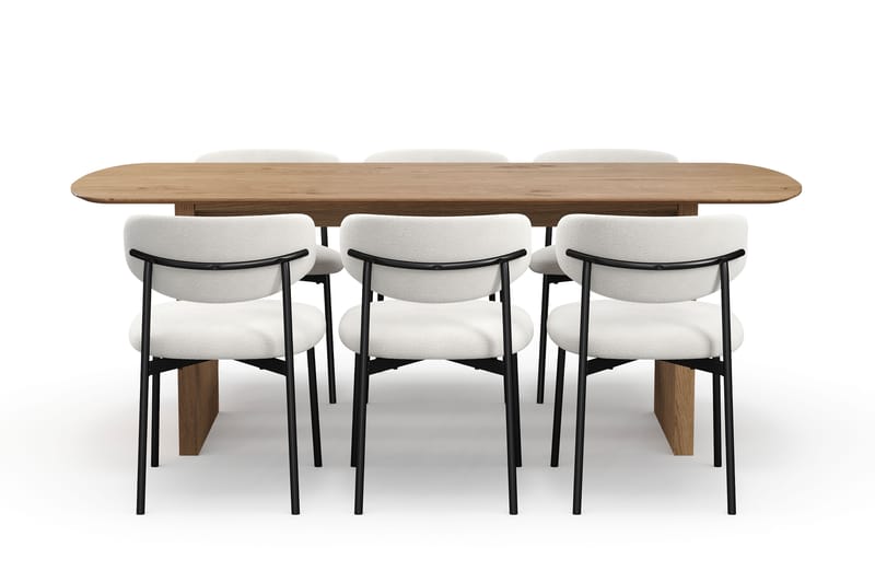 Richeto Matbord 210 cm med 6 Lucy Matstolar - Naturlig finish / Vit Bouclé / Metallben Svart - Möbler - Bord & matgrupper - Matgrupper