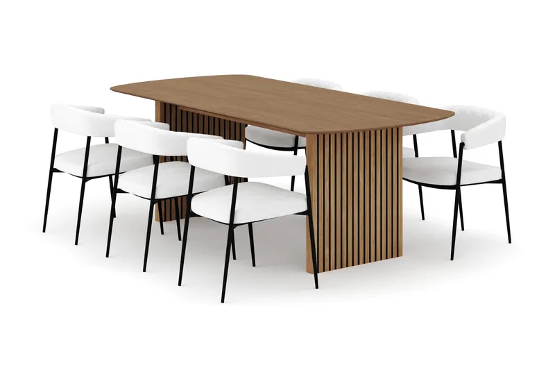Richeto Matbord 210 cm med 6 Velma Matstolar, Naturlig finish / Vit Bouclé