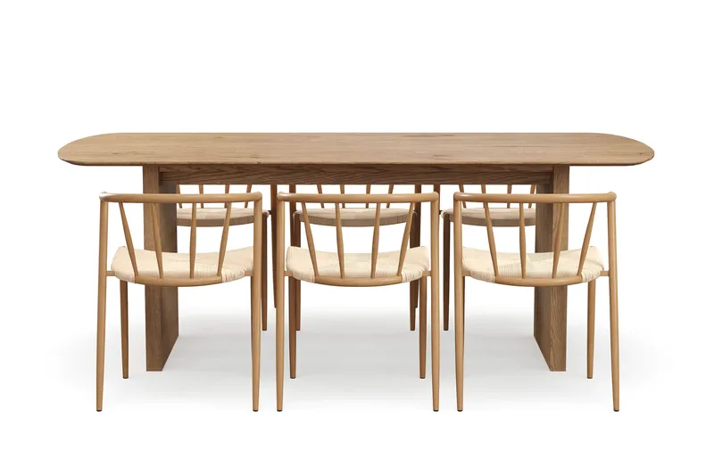 Richeto Matbord 210 cm med 6 Winston Matstolar - Naturlig finish / Beige / Metallben Ek - Möbler - Bord & matgrupper - Matgrupper