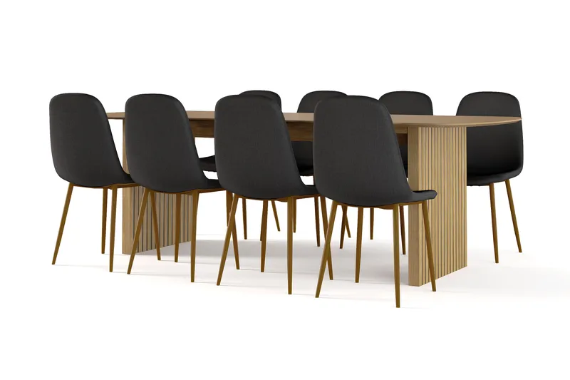 Richeto Matbord 240 cm ek +  8 st Nibe stol svart med ek ben, Ek