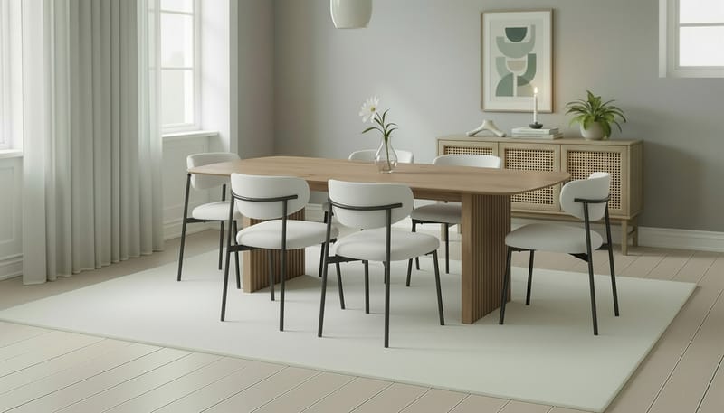 Richeto Matbord 240 cm med 6 Lucy Matstolar - Naturlig finish / Vit Bouclé / Metallben Svart - Möbler - Bord & matgrupper - Matgrupper