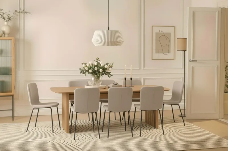 Richeto Matbord 240 cm med 8 Katy Matstolar - Naturlig finish / Greige Bouclé / Metallben Svart - Möbler - Bord & matgrupper - Matgrupper