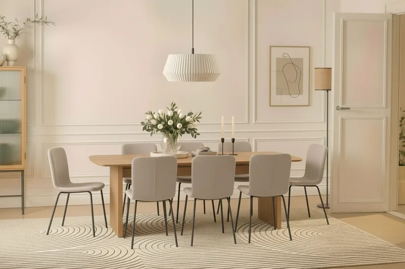 Richeto Matbord 240 cm med 8 Katy Matstolar - Naturlig finish / Greige Bouclé / Metallben Svart - Möbler - Bord & matgrupper - Matgrupper