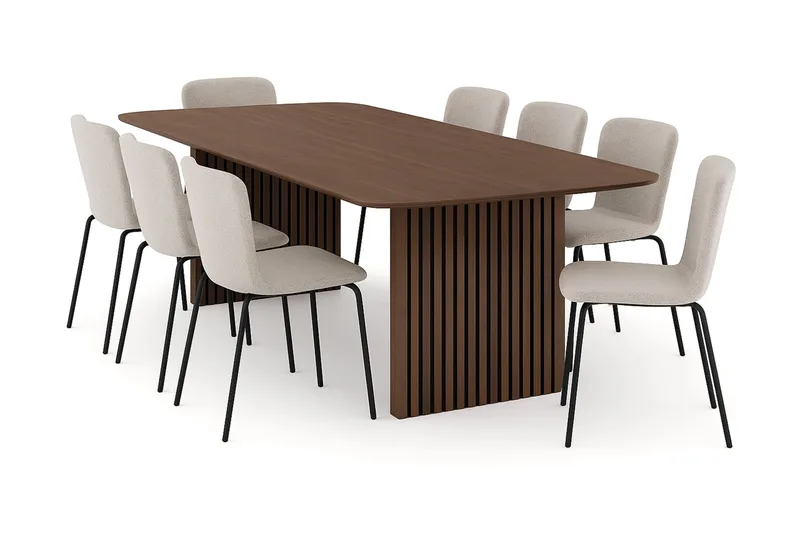 Richeto Matbord 240 cm med 8 Katy Matstolar, Rökt ek / Greige Bouclé