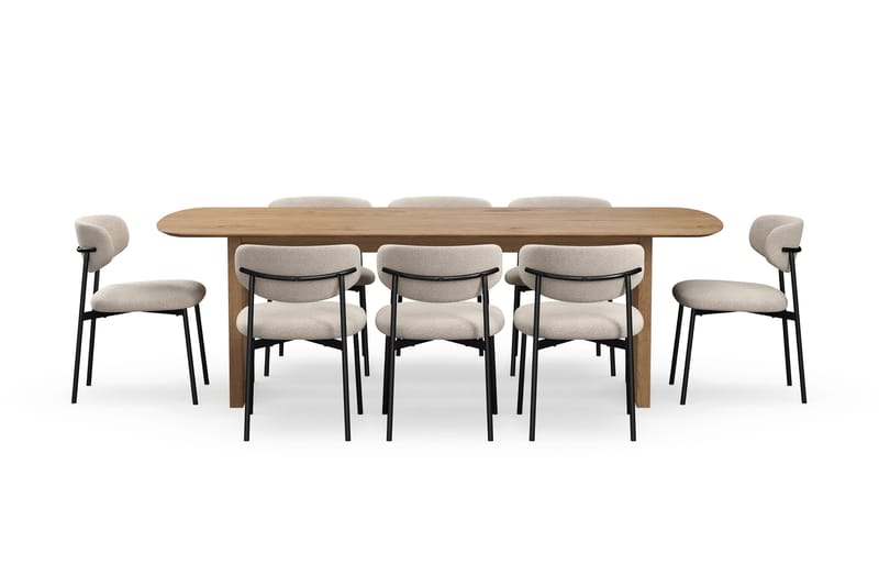 Richeto Matbord 240 cm med 8 Lucy Matstolar - Naturlig finish / Greige Bouclé / Metallben Svart - Möbler - Bord & matgrupper - Matgrupper
