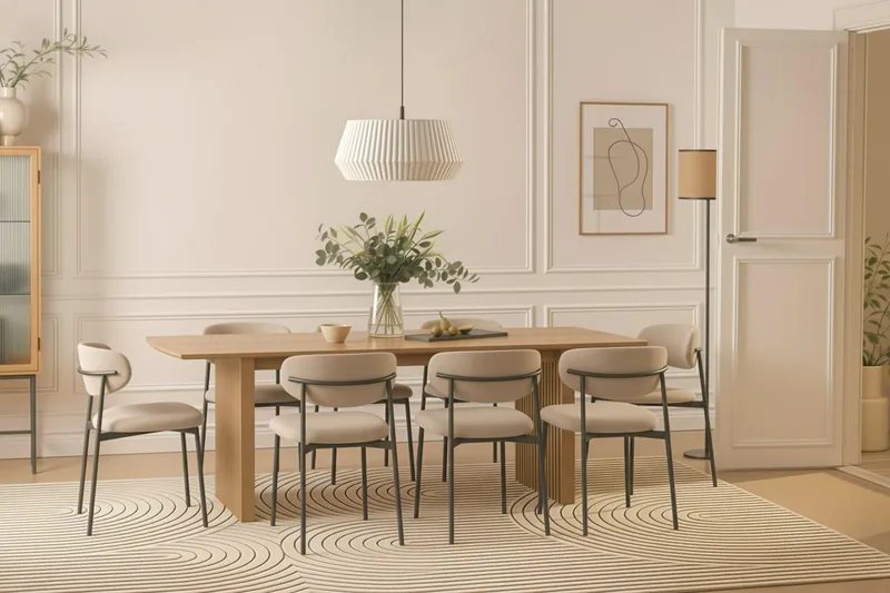 Richeto Matbord 240 cm med 8 Lucy Matstolar - Naturlig finish / Greige Bouclé / Metallben Svart - Möbler - Bord & matgrupper - Matgrupper