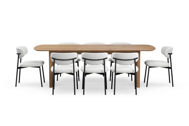 Richeto Matbord 240 cm med 8 Lucy Matstolar - Naturlig finish / Vit Bouclé / Metallben Svart - Möbler - Bord & matgrupper - Matgrupper