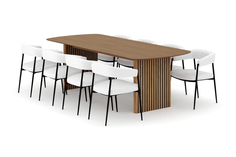 Richeto Matbord 240 cm med 8 Velma Matstolar, Naturlig finish / Vit Bouclé
