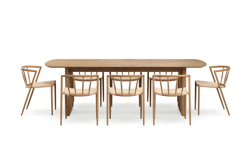 Richeto Matbord 240 cm med 8 Winston Matstolar - Naturlig finish / Beige / Metallben Ek - Möbler - Bord & matgrupper - Matgrupper