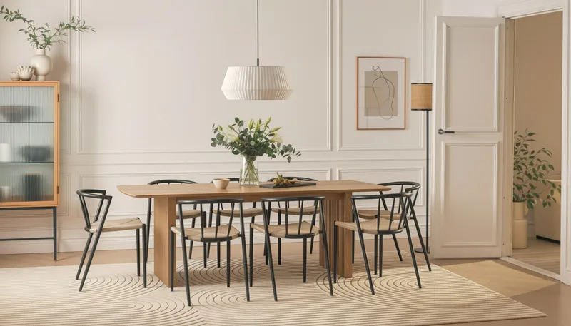 Richeto Matbord 240 cm med 8 Winston Matstolar - Naturlig finish / Beige / Metallben Svart - Möbler - Bord & matgrupper - Matgrupper