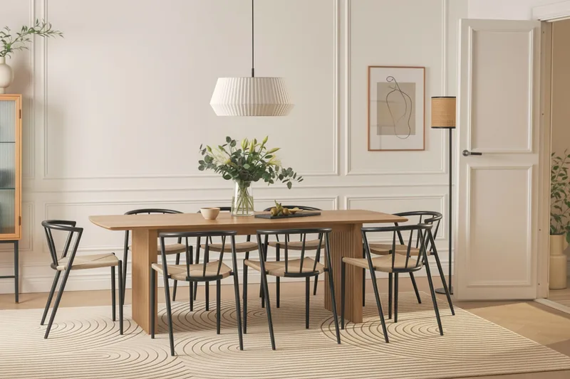 Richeto Matbord 240 cm med 8 Winston Matstolar - Naturlig finish / Beige / Metallben Svart - Möbler - Bord & matgrupper - Matgrupper