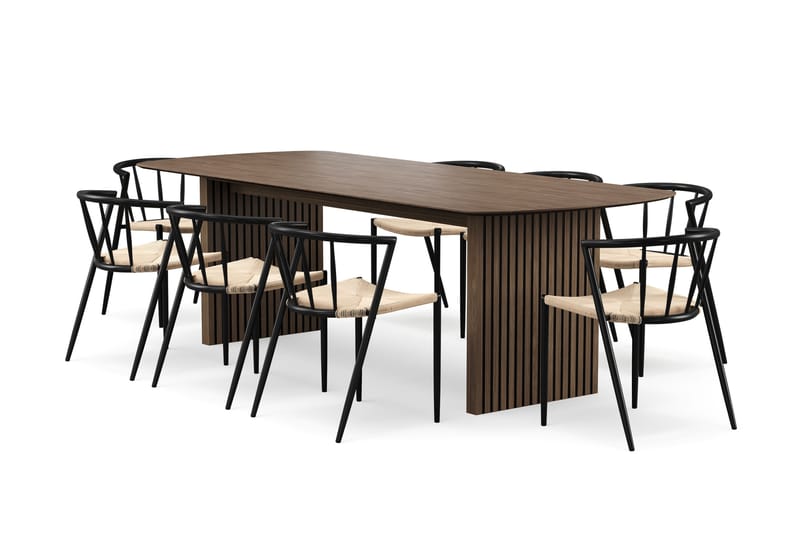 Richeto Matbord 240 cm med 8 Winston Matstolar, Rökt ek / Beige / Metallben Svart