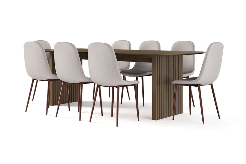 Richeto Matbord Rökt Ek 240 cm valnöt +  8 st Nibe stol beige med valnöt ben - Brun/Beige - Möbler - Bord & matgrupper - Matgrupper