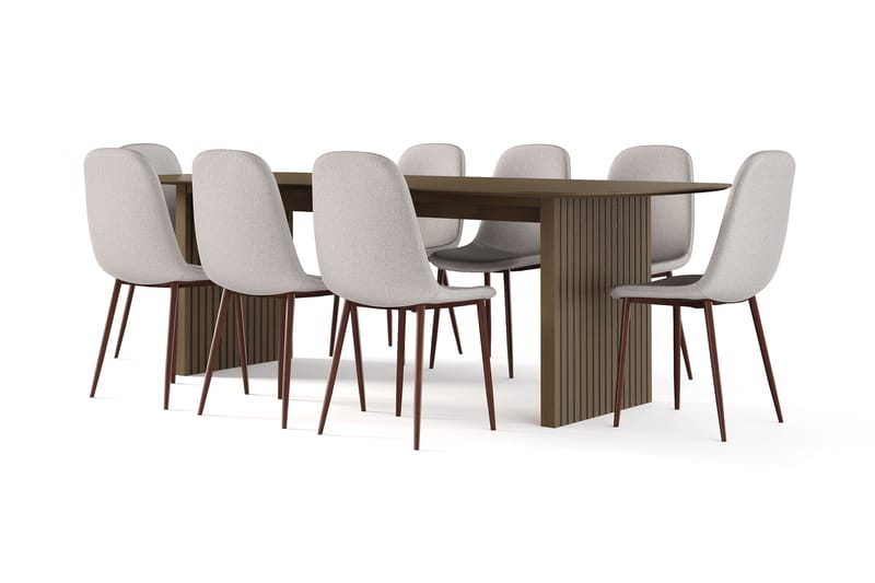 Richeto Matbord Rökt Ek 240 cm valnöt +  8 st Nibe stol beige med valnöt ben, Brun/Beige