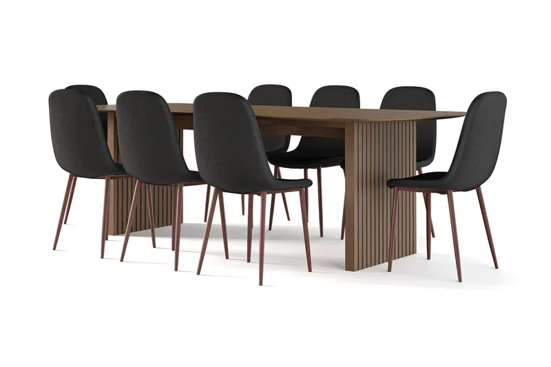Richeto Matbord Rökt Ek 240 cm valnöt +  8 st Nibe stol svart med valnöt ben - Brun/Svart - Möbler - Bord & matgrupper - Matgrupper