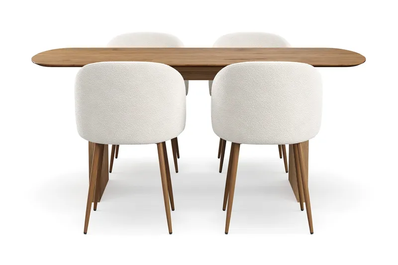 Richeto Matgrupp 180 cm med 4 Greya Matstolar med Armstöd, Naturlig Finish/Vit Bouclé