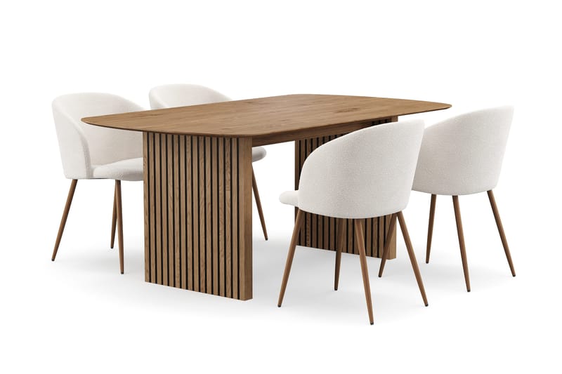 Richeto Matgrupp 180 cm med 4 Greya Matstolar med Armstöd - Naturlig Finish/Vit Bouclé - Möbler - Bord & matgrupper - Matgrupper