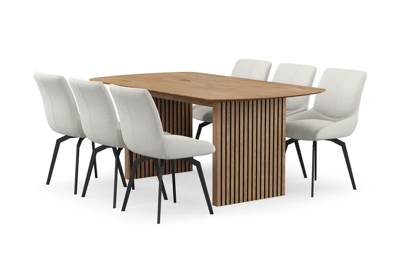 Richeto Matgrupp 180 cm med 6 Mora Snurrstolar, Naturlig finish/Ljusbeige