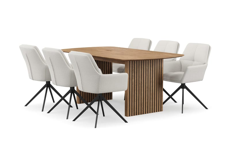 Richeto Matgrupp 180 cm med 6 Torsby Snurrstolar, Naturlig finish/Ljusbeige