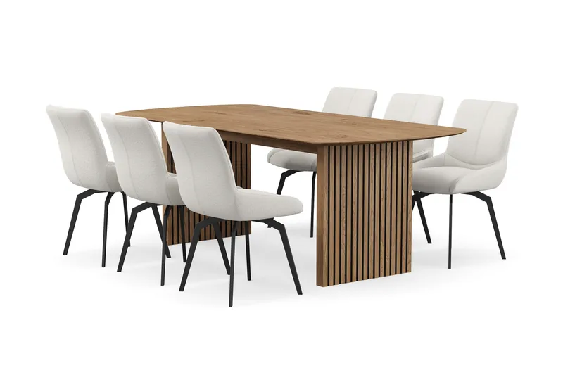 Richeto Matgrupp 210 cm med 6 Mora Snurrstolar, Naturlig finish/Ljusbeige