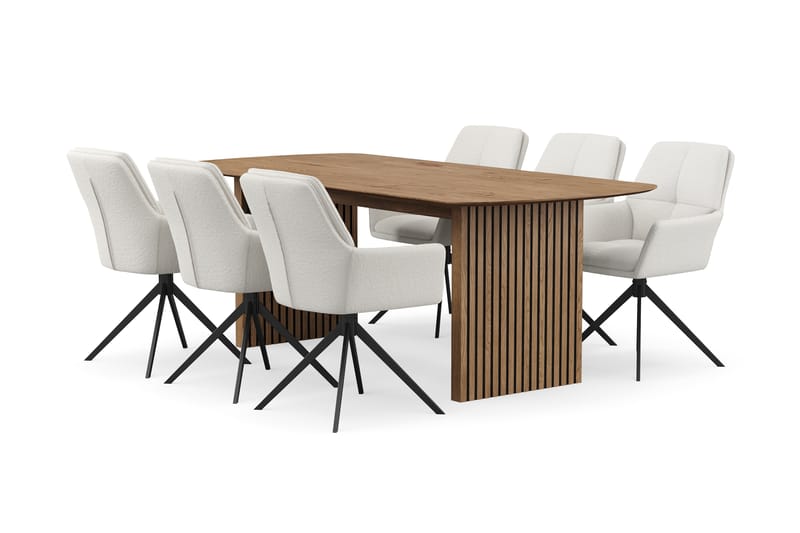 Richeto Matgrupp 210 cm med 6 Torsby Snurrstolar, Naturlig finish/Ljusbeige
