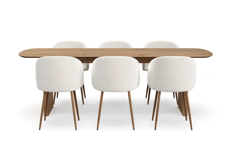 Richeto Matgrupp 240 cm med 6 Greya Matstolar med Armstöd, Rökt Ek/Vit Bouclé