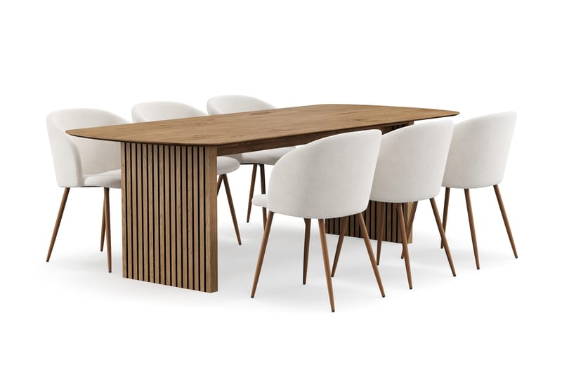 Richeto Matgrupp 240 cm med 6 Greya Matstolar med Armstöd - Rökt Ek/Vit Bouclé - Möbler - Bord & matgrupper - Matgrupper