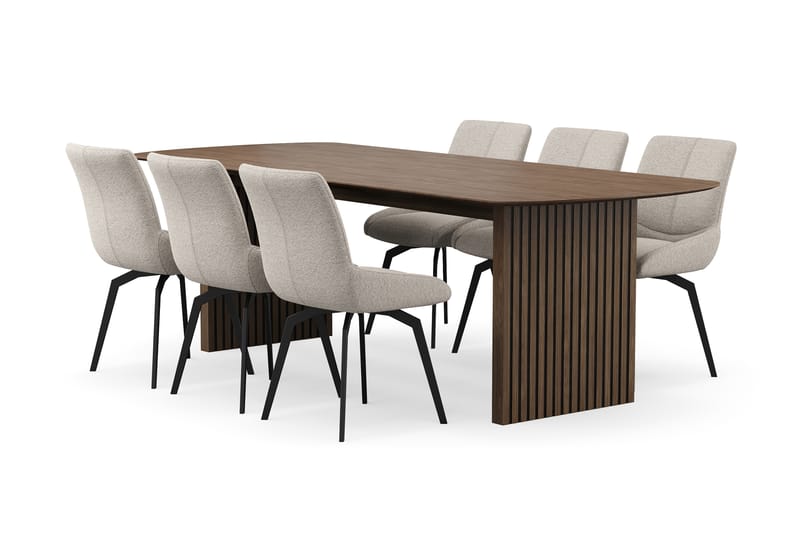Richeto Matgrupp 240 cm med 6 Mora Snurrstolar, Rökt ek/Mörkbeige