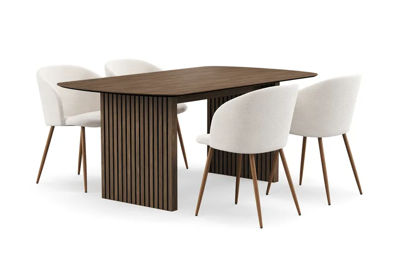 Richeto Matgrupp med 4 Greya Matstolar med Armstöd - Rökt Ek/Vit Bouclé - Möbler - Bord & matgrupper - Matgrupper