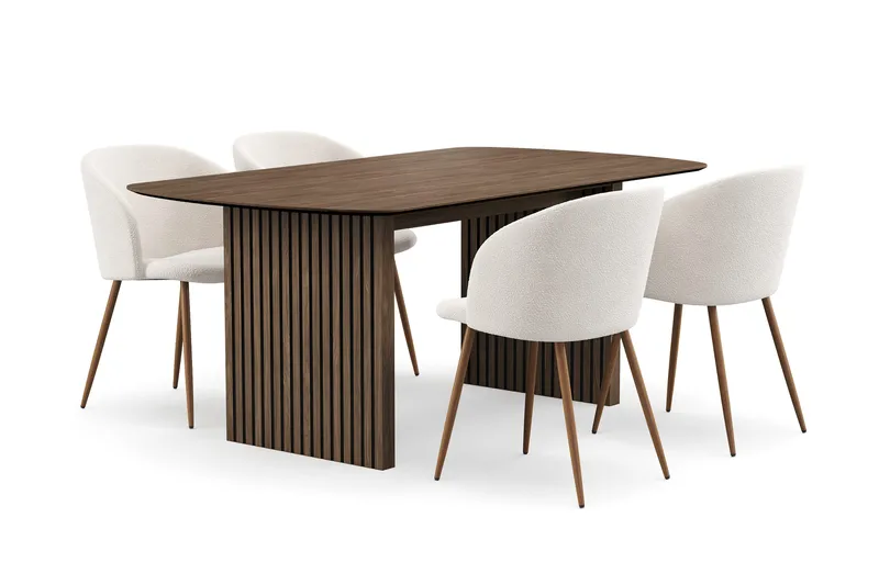 Richeto Matgrupp med 4 Greya Matstolar med Armstöd - Rökt Ek/Vit Bouclé - Möbler - Bord & matgrupper - Matgrupper