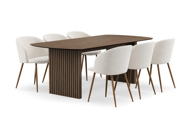 Richeto Matgrupp med 6 Greya Matstolar med Armstöd - Naturlig Finish/Vit Bouclé - Möbler - Bord & matgrupper - Matgrupper