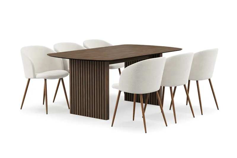 Richeto Matgrupp med 6 Greya Matstolar med Armstöd - Rökt Ek/Vit Bouclé - Möbler - Bord & matgrupper - Matgrupper