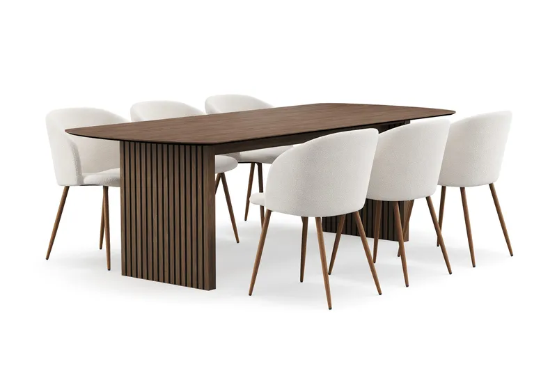 Richeto Matgrupp med 6 Greya Matstolar med Armstöd - Rökt Ek/Vit Bouclé - Möbler - Bord & matgrupper - Matgrupper