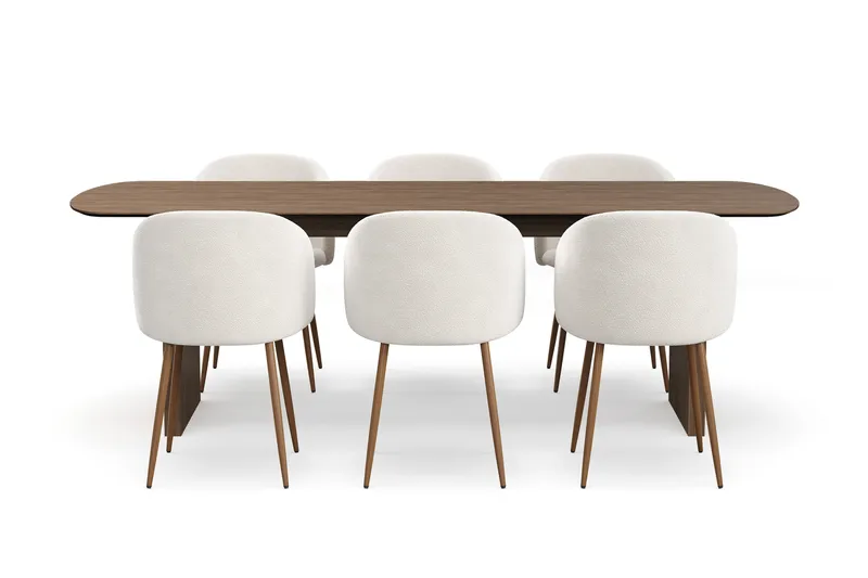 Richeto Matgrupp med 6 Greya Matstolar med Armstöd, Rökt Ek/Vit Bouclé