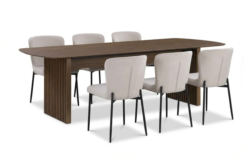 Richeto Matgrupp Rökt Ek 210 cm med 6 Elsie Matstolar, Rökt ek/Beige