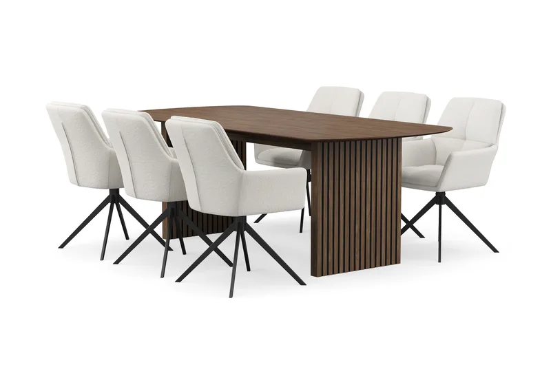 Richeto Matgrupp Rökt Ek 210 cm med 6 Torsby Snurrstolar, Rökt ek/Ljusbeige