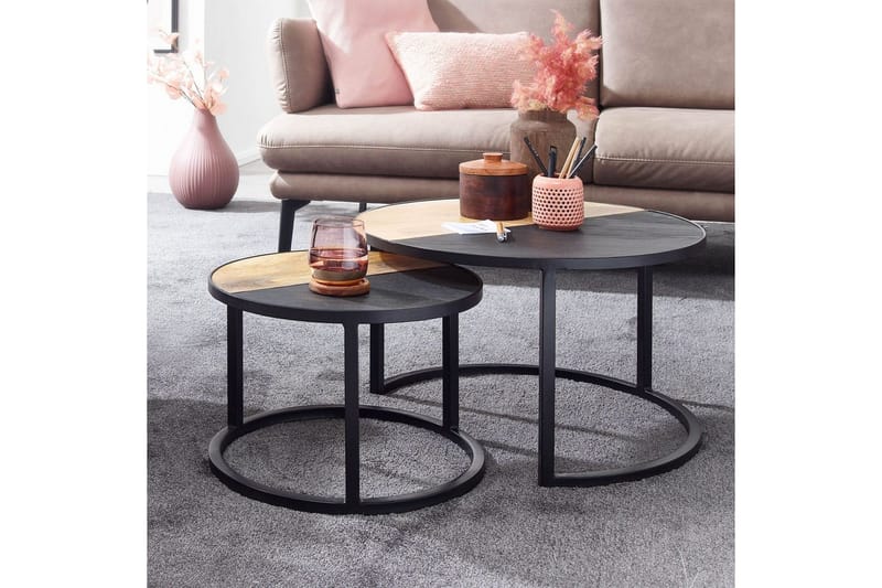 Satsbord Wohnling Set med 2 i massivt trä stenoptik metallben industriell - Möbler - Bord & matgrupper - Avlastningsbord - Satsbord