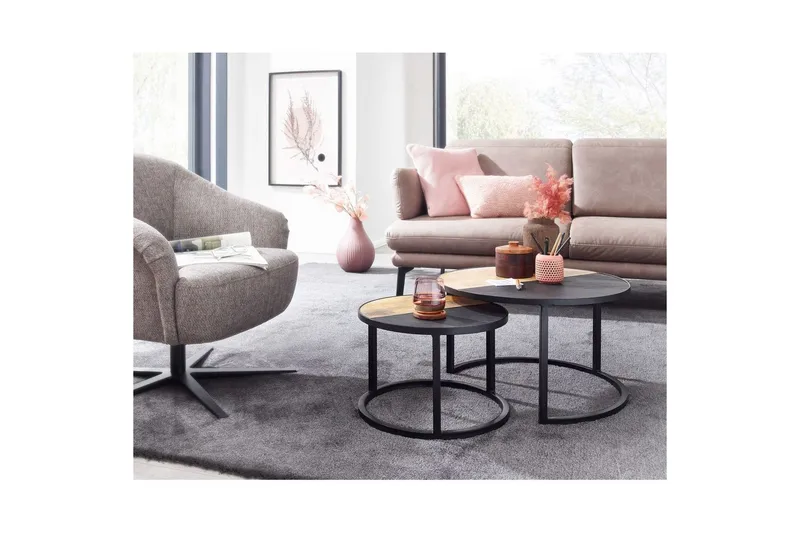 Satsbord Wohnling Set med 2 i massivt trä stenoptik metallben industriell - Möbler - Bord & matgrupper - Avlastningsbord - Satsbord