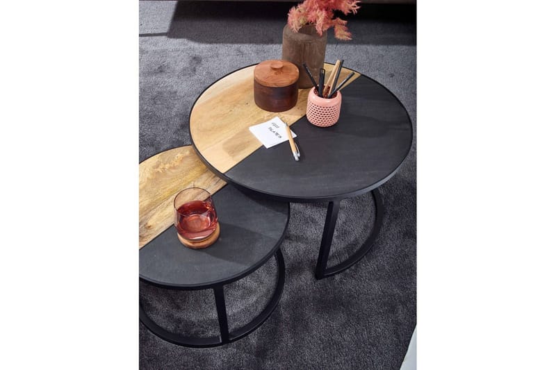 Satsbord Wohnling Set med 2 i massivt trä stenoptik metallben industriell - Möbler - Bord & matgrupper - Avlastningsbord - Satsbord