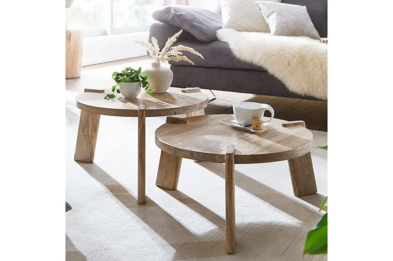 Satsbord Wohnling Set med 2 runda i massivt trä med massiva ben lantstil - Möbler - Bord & matgrupper - Avlastningsbord - Satsbord