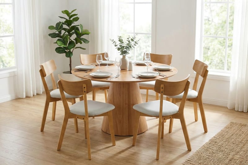 Siena Matgrupp 130 cm runt i Ek med 6 Amelia Matstolar med Dyna - Ek/Beige - Möbler - Bord & matgrupper - Matgrupper