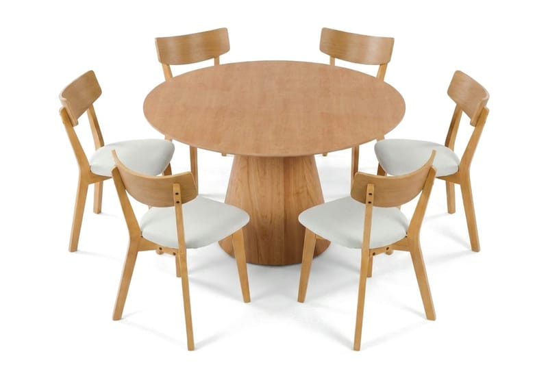 Siena Matgrupp 130 cm runt i Ek med 6 Amelia Matstolar med Dyna - Ek/Beige - Möbler - Bord & matgrupper - Matgrupper