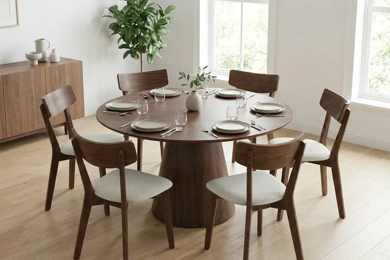 Siena Matgrupp 130 cm runt i Valnöt med 6 Amelia Matstolar med Dyna - Valnöt/Beige - Möbler - Bord & matgrupper - Matgrupper
