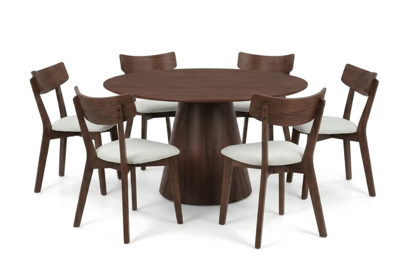 Siena Matgrupp 130 cm runt i Valnöt med 6 Amelia Matstolar med Dyna - Valnöt/Beige - Möbler - Bord & matgrupper - Matgrupper