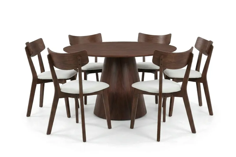 Siena Matgrupp 130 cm runt i Valnöt med 6 Amelia Matstolar med Dyna, Valnöt/Beige