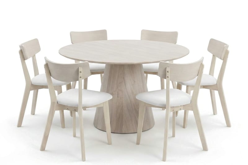 Siena Matgrupp 130 cm runt Vitlaserad med 6 Amelia Matstolar med Dyna - Vitlaserad/Beige - Möbler - Bord & matgrupper - Matgrupper